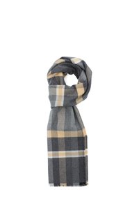 Szalik w kratę w odcieniach szaro-beżowych z białym. Wykonany z miękkiego materiału z frędzlami, prezentujący klasyczny wzór w kratę.