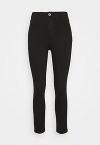 Pantalones vaqueros negros ajustados, hechos de denim suave, con cintura alta, cierre frontal con botón y una superficie lisa y sin adornos.