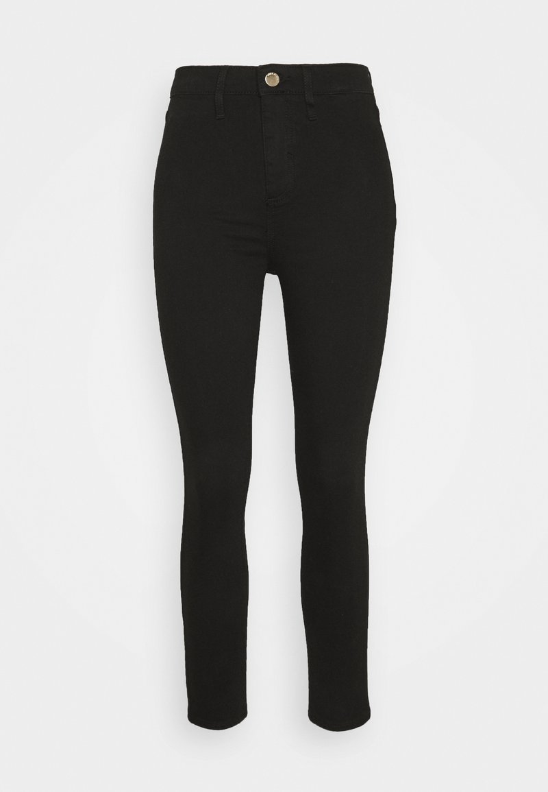 Pantalones vaqueros negros ajustados, hechos de denim suave, con cintura alta, cierre frontal con botón y una superficie lisa y sin adornos.