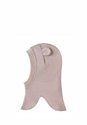 Weiche rosa Kinder-Balaclava mit kleinen Stoffohren obendrauf, entworfen um Kopf und Hals zu bedecken.