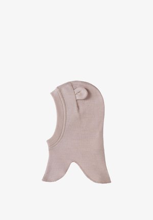 Zacht roze kinderbalklava met kleine stoffen oortjes bovenop, ontworpen om hoofd en nek te bedekken.