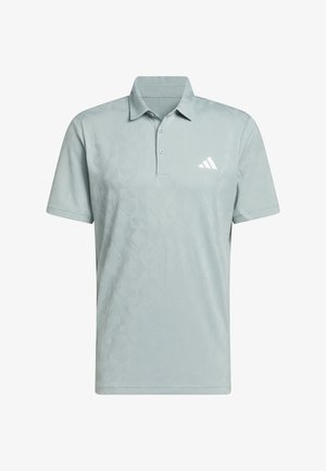 Polo Adidas grigio chiaro con motivo geometrico sottile e apertura a tre bottoni, con logo Adidas bianco sul petto.