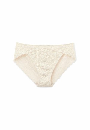 Blonder bikini-trusser i lys beige, med en bølget kant og blomsterdesign over hele. Blød tekstur med indviklet detaljering.