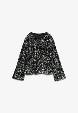 Črn zgornji del s ploščicami, dolgimi rokavi, okroglim izrezom in teksturirano površino, ustvarjeno z gosto postavljenimi bleščečimi ploščicami.