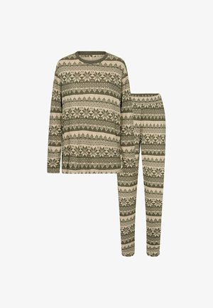 Zeleno-beige souprava s dlouhým rukávem a kalhotami, která obsahuje geometrické vzory a sněhové vločky. Měkká textura s uvolněným střihem.