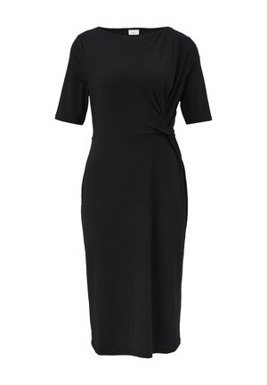 Black midi dress with short sleeves, featuring a twisted waist detail. Made of smooth, stretchy material for a fitted silhouette.
