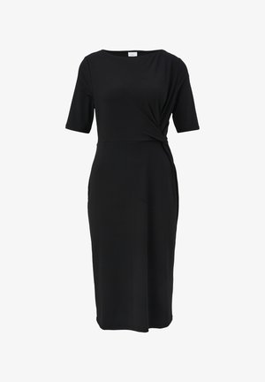 Robe midi noire à manches courtes, avec un détail de taille torsadé. Fabriquée dans un matériau lisse et extensible pour une silhouette ajustée.