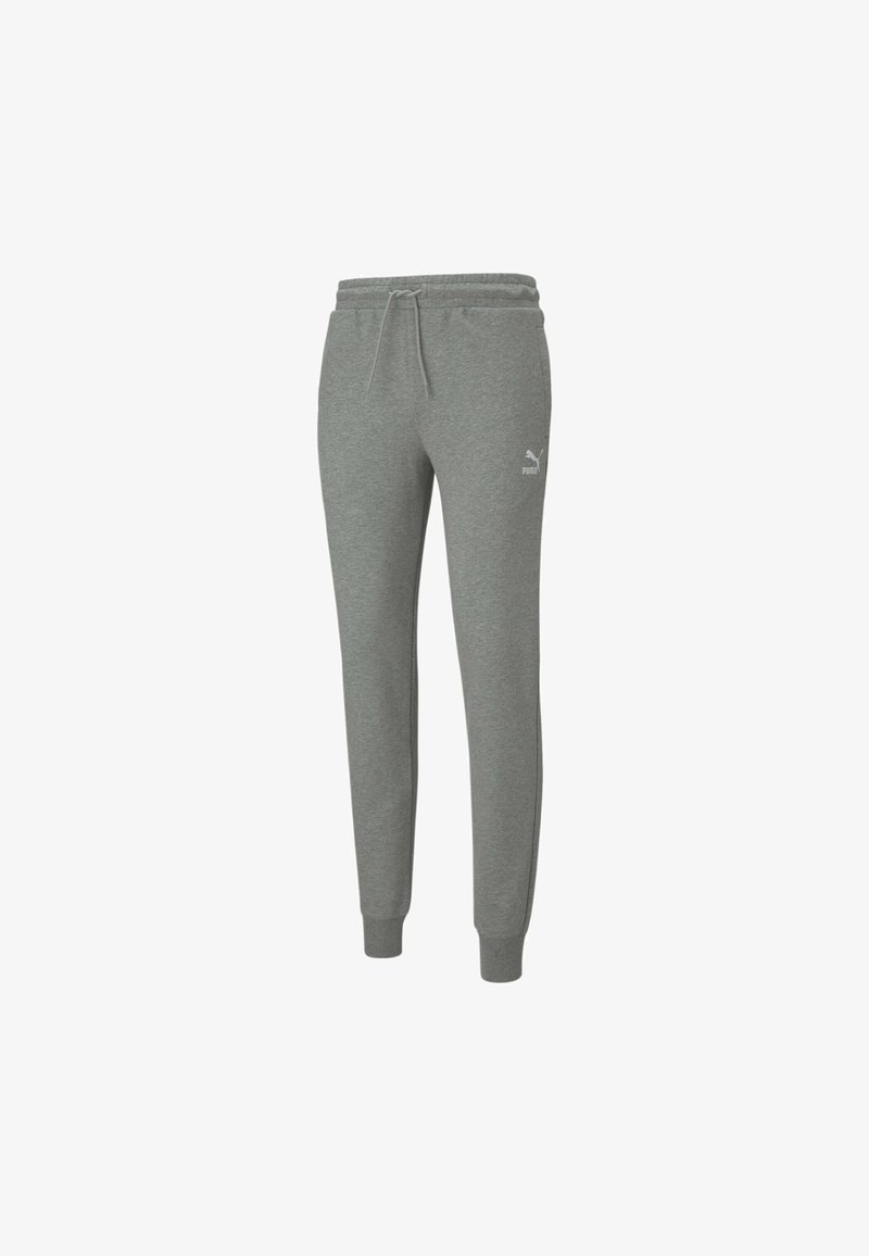 Pantalon de survêtement gris fuselé avec taille élastique, cordon de serrage, chevilles resserrées et petit logo Puma sur la cuisse supérieure.