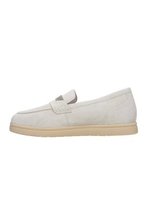 Light gray suede slip-on shoes with a flat beige sole, featuring a textured band across the instep and a minimalist design.