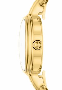 Vista lateral de una caja de reloj de pulsera en tono dorado y corona con una pulsera metálica a juego adjunta.