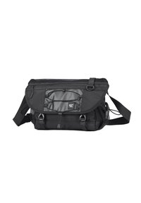 Borsa a tracolla nera con un pannello frontale testurizzato, tracolla regolabile e tasche esterne. Presenta cerniere e chiusure a toggles. Realizzata in tessuto resistente.
