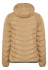 Beige padded jacket with a hood, featuring horizontal quilting and elastic hem. Made from smooth, water-resistant fabric.
