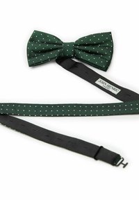 Vihreä pilkkukuvioinen solmio, joka on valmistettu kankaasta ja jossa on teksturoitu muotoilu valkoisilla pisteillä. Mukana on säädettävä musta hihna, jossa on klipsi.