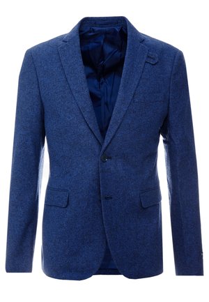 Blauer Herrenblazer mit einem Knopf, mit Kerbkragen, Pattentaschen und dunkelblauem Innenfutter.