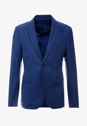 Blauer Herrenblazer mit einem Knopf, mit Kerbkragen, Pattentaschen und dunkelblauem Innenfutter.