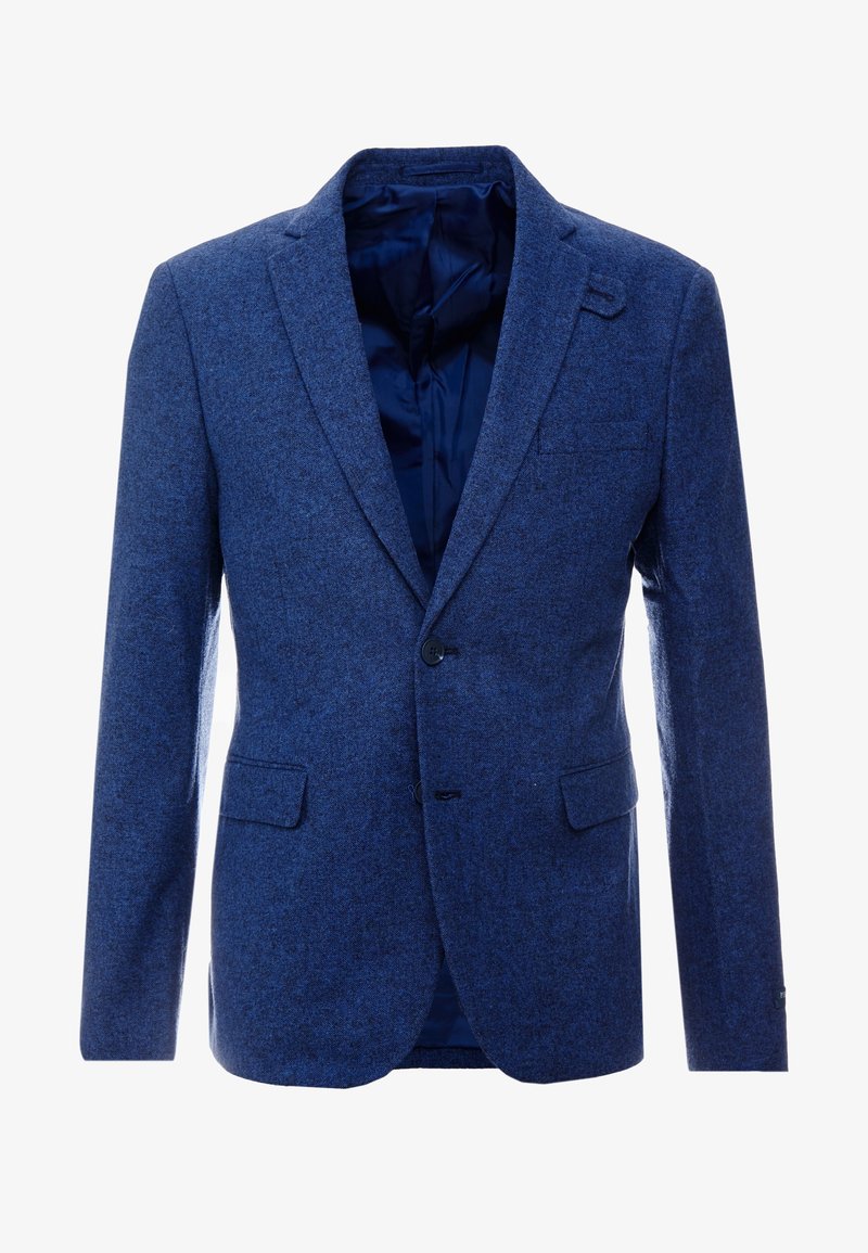 Blazer homme bleu à un bouton, avec revers à crans, poches à rabat et doublure intérieure bleu foncé.
