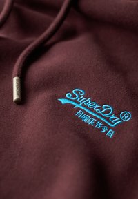 Felpa bordeaux con ricamo "SuperDry" azzurro chiaro. Include un cordino con una estremità metallica. Tessuto morbido e testurizzato.