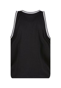 Schwarzes Tanktop aus Netzstoff mit weißen Akzenten an Rundhalsausschnitt und Armlöchern. Der Rücken ist glatt und hat keine zusätzlichen Details.