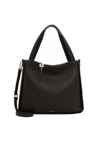 Black leather handbag with a textured finish, featuring a single handle and a detachable shoulder strap. Includes a silver hardware detail.