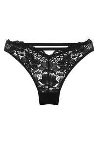 Zwarte kanten string met bloemenpatronen, voorzien van een gladde tailleband en transparant gaasontwerp aan de voorkant en achterkant.