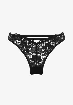 Zwarte kanten string met bloemenpatronen, voorzien van een gladde tailleband en transparant gaasontwerp aan de voorkant en achterkant.