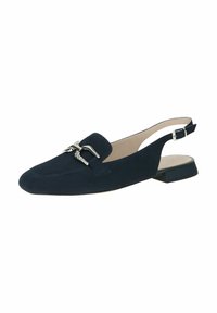 Tengerészkék velúr slingback cipő lapos sarkal, kerek orral és díszes ezüst csattal a vamp részen. Simaszövet bélés.