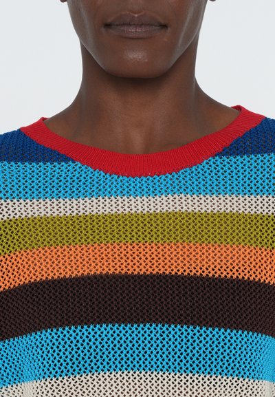 Knitted pullover with a red crew neck. Features a mesh design with horizontal stripes in blue, green, orange, brown, white, and black.