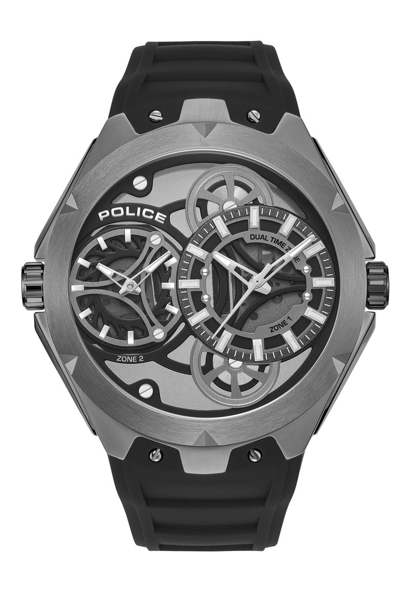 Orologio con cinturino in gomma nera che mostra due fusi orari, con cassa in metallo argentato e nera, design scheletrato e finiture raffinate sui quadranti.