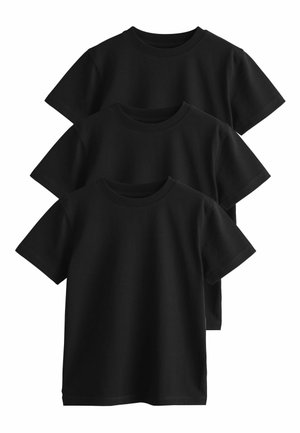 Three black cotton t-shirts stacked, featuring short sleeves and round necklines. The fabric appears smooth with no visible patterns or accents.