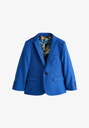 Blazer blu brillante a bottone singolo con rever a incavo e fodera floreale tropicale visibile all'interno del colletto e dell'apertura frontale.
