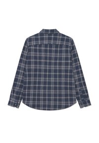 Donkerblauwe geruite shirt, lange mouwen, button-down kraag, met een wit ruitpatroon, geweven textuur en afgeronde zoom.