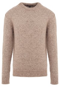 Pull beige en tricot avec un col rond, des manches longues et des poignets et ourlets côtelés. La texture du tissu est douce et épaisse.
