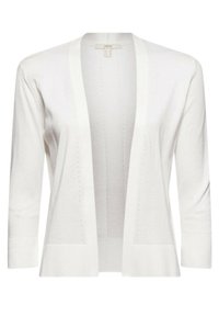 Valkoinen neuletakki, jossa on kolmanneksen pituiset hihat. Kevyt neulottu kangas, avoin etu, pystysuora raidoitus ja viimeistellyt helma. Ei kiinnityksiä.