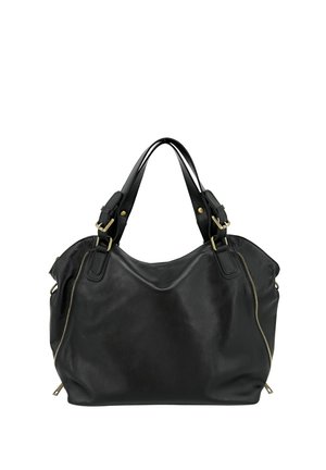 Sac à main en cuir noir avec double poignées, détails de boucle dorée et fermetures éclair des deux côtés sur fond blanc.