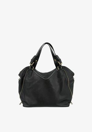Sac à main en cuir noir avec double poignées, détails de boucle dorée et fermetures éclair des deux côtés sur fond blanc.