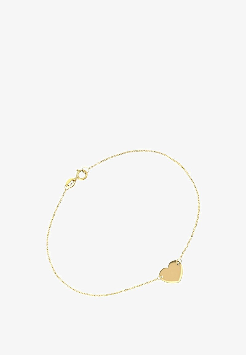 Goldenes Herzarmband mit einer feinen Kette, ausgestattet mit einem glatten, polierten Herzanhänger und einem sicheren Karabinerverschluss. Schlichtes und elegantes Design.