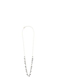 Collana a catena d'oro con pendenti alternati di piccole e grandi pietre preziose rotonde nere e trasparenti lungo tutta la sua lunghezza.