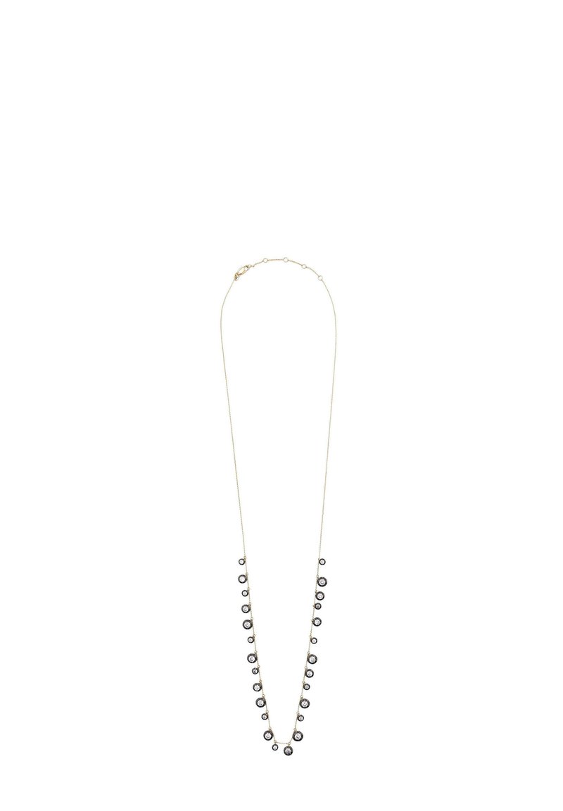 Collana a catena d'oro con pendenti alternati di piccole e grandi pietre preziose rotonde nere e trasparenti lungo tutta la sua lunghezza.