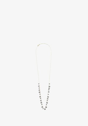 Collier en chaîne d'or avec des pendentifs ronds alternés, petits et plus grands, en pierres précieuses noires et claires tout au long de sa longueur.