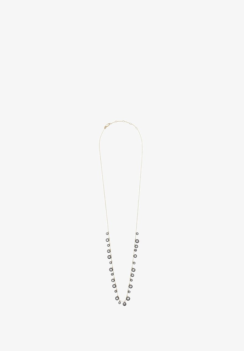 Collier en chaîne d'or avec des pendentifs ronds alternés, petits et plus grands, en pierres précieuses noires et claires tout au long de sa longueur.