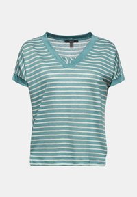 Båndet v-hals t-shirt i teal og creme, kortærmet, blødt stof, afslappet pasform, med vandrette striber i forskellige bredder.