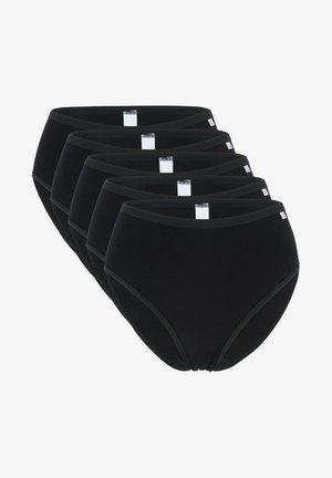Black cotton high-waisted underwear in a set of five. Features elastic waistband and smooth texture with no visible patterns or accents.