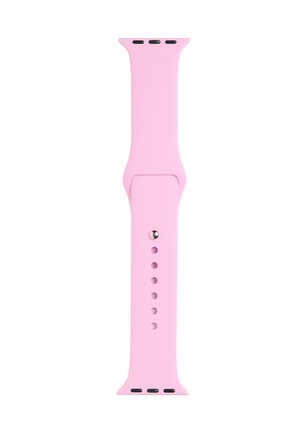 Rosa Silikonarmband für Smartwatch mit verstellbaren Löchern und Metallstiftschließe vor weißem Hintergrund.