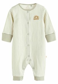 Striped baby onesie in light green and white, featuring snap buttons and gray cuffs. Embroidered sun design with the word "HAPPY." Soft cotton material.