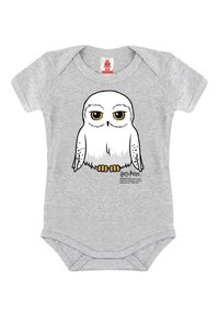 Gray cotton onesie featuring a cartoon owl with yellow eyes and orange feet. Includes "Harry Potter" branding at the bottom.