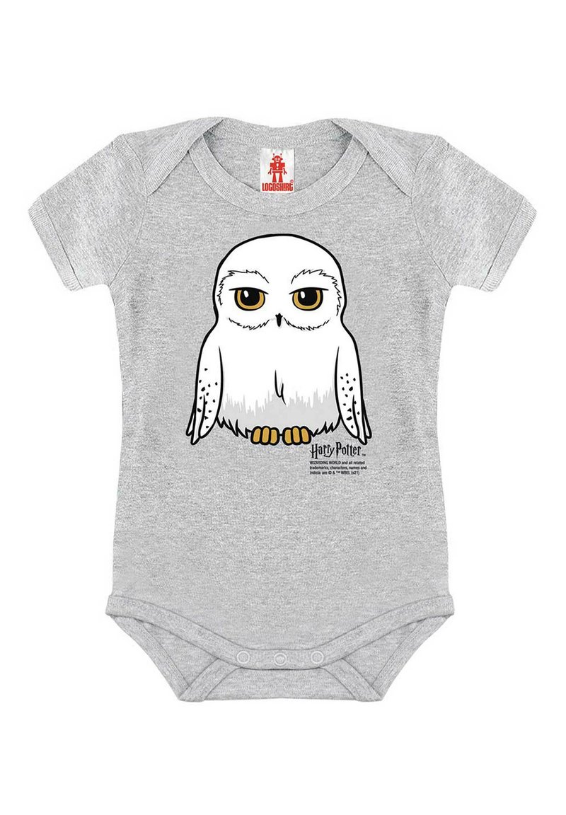 Gray cotton onesie featuring a cartoon owl with yellow eyes and orange feet. Includes "Harry Potter" branding at the bottom.