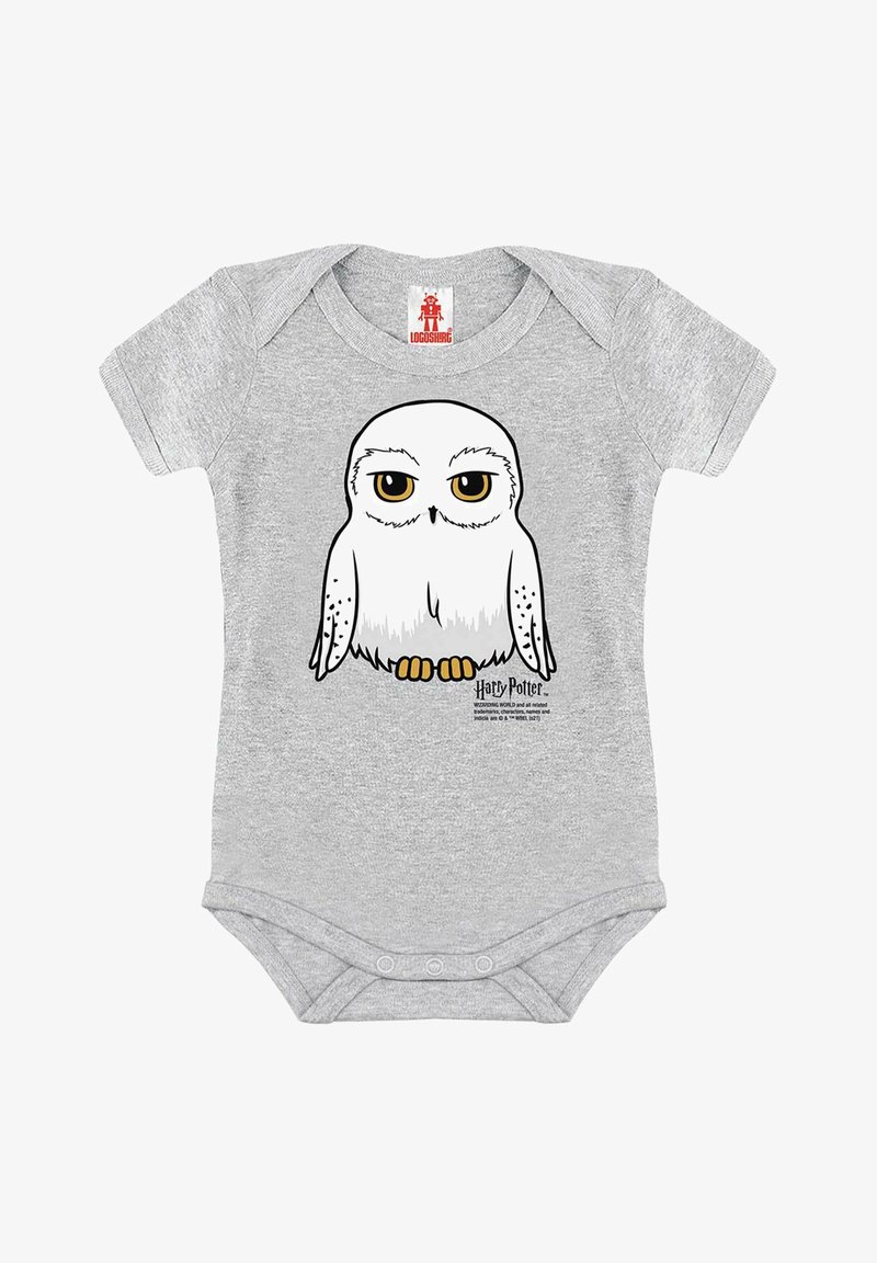 Gray cotton onesie featuring a cartoon owl with yellow eyes and orange feet. Includes "Harry Potter" branding at the bottom.
