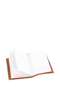 Otwarty notes z białymi, pustymi stronami i brązową zamszową okładką, prezentujący prosty design z teksturowanym materiałem i brakiem widocznego zapięcia.