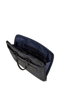 Black check-patterned laptop bag with a smooth texture, zippered closure, dual handles, and a contrasting navy interior featuring pockets.
