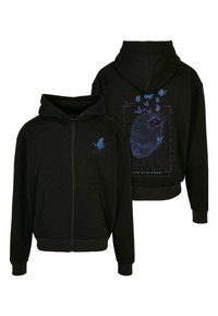 Black zip-up hoodie made of cotton. Features a blue butterfly graphic on the front and a large design on the back with a head and butterflies.